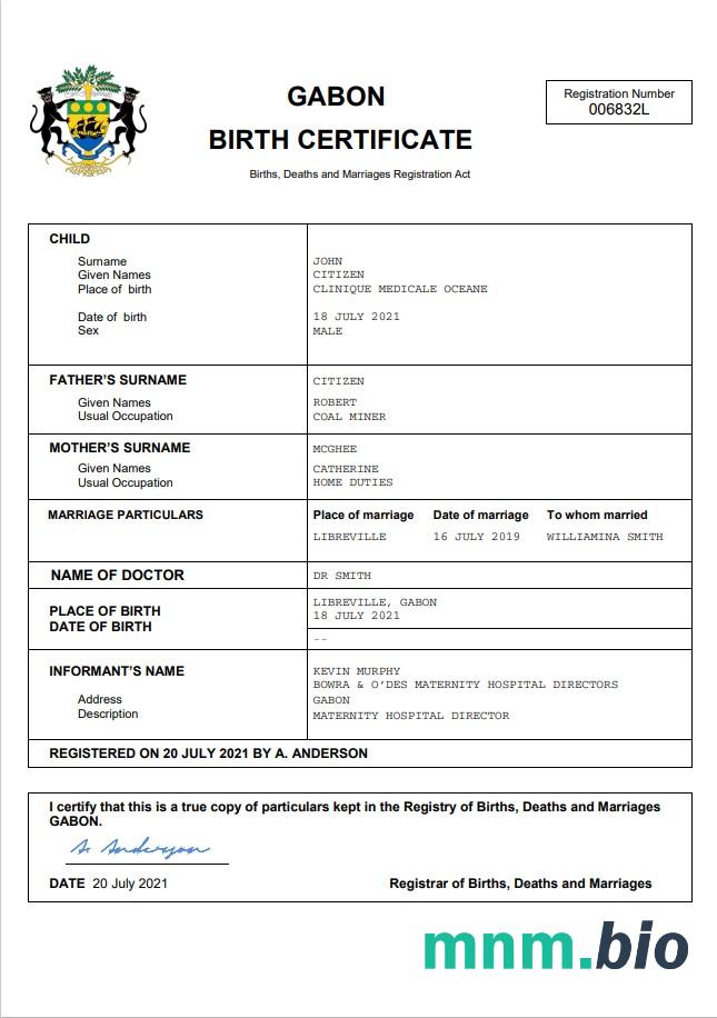 Gabon rekord życiowy narodziny certyfikat Word i PDF szablon